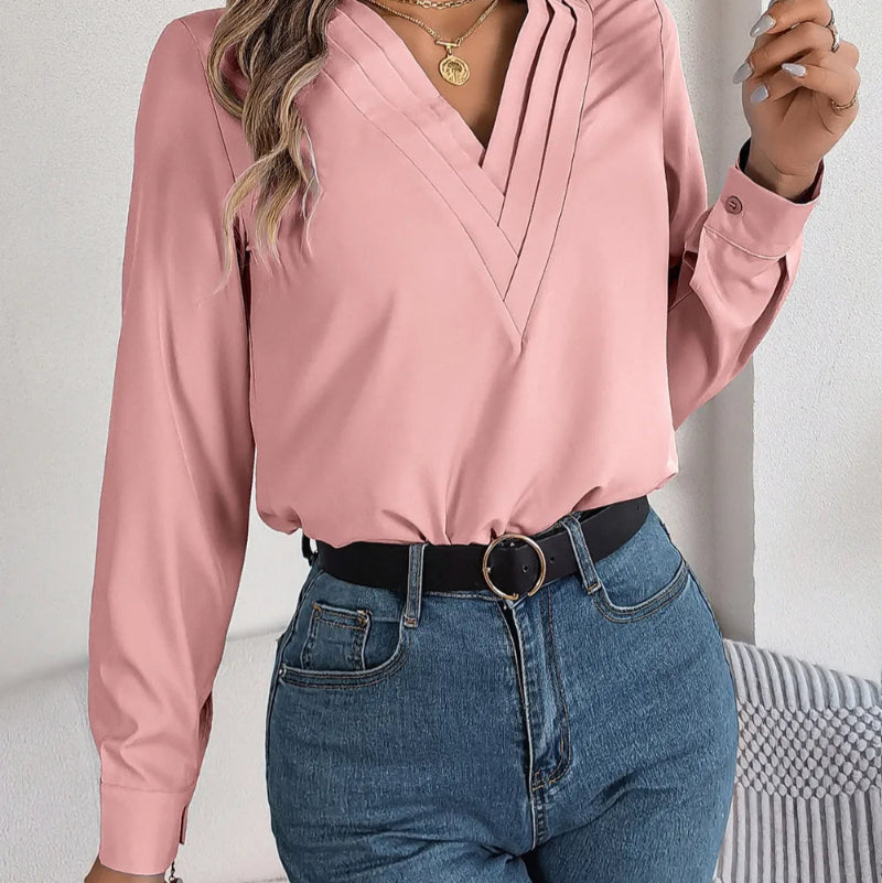 V-Neck Long Sleeve Blouse - runwayfashionista.com