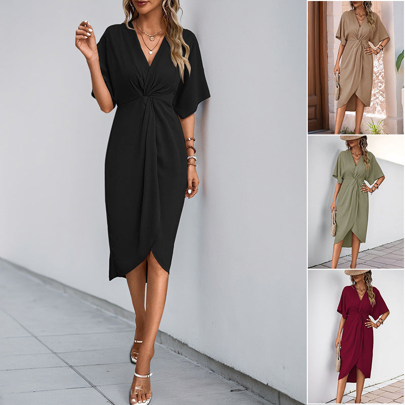 A collection of irregular hem midi dresses in black, khaki, burgundy, and military green, featuring V-necks, short sleeves, and pleats.