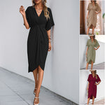 A collection of irregular hem midi dresses in black, khaki, burgundy, and military green, featuring V-necks, short sleeves, and pleats.