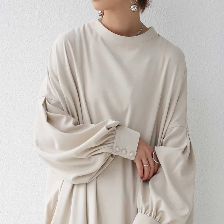 Black or apricot lantern sleeve single-breasted long dress made of chiffon with a solid color, round neck, puff long sleeves, and loose waist, available in one size.