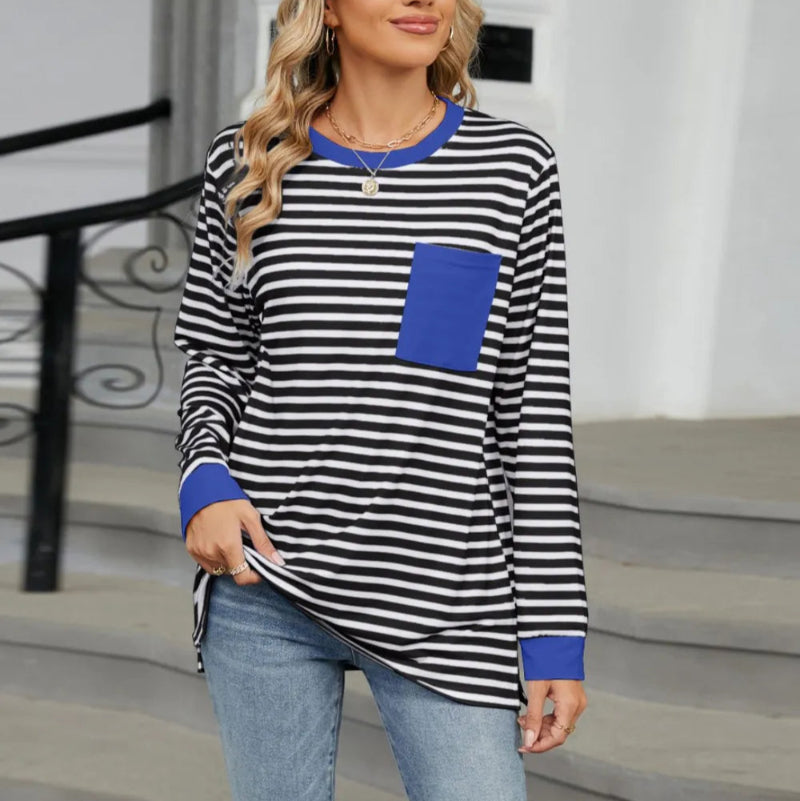 Pocketed Striped Round Neck Long Sleeve T-Shirt - runwayfashionista.com