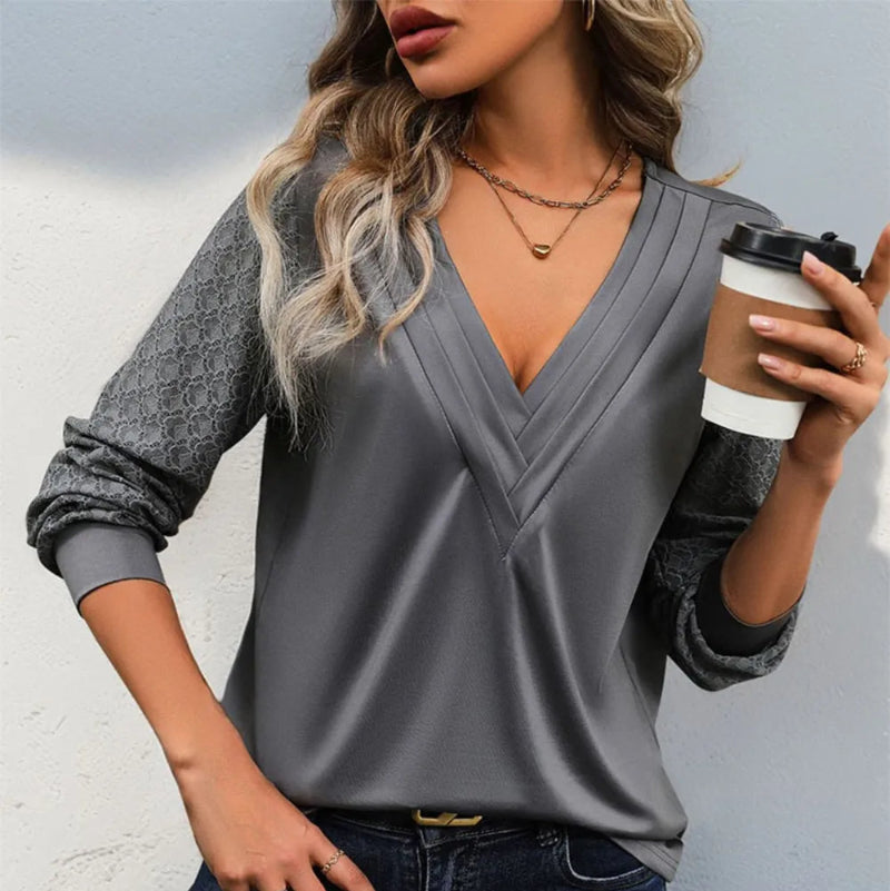 V-Neck Long Sleeve Top - runwayfashionista.com