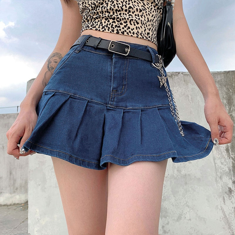 Harajuku Punk Y2K Denim Mini Pleated Skirt - runwayfashionista.com