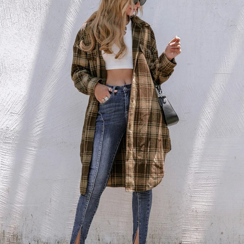 Plaid Button Up Long Sleeve Shacket - runwayfashionista.com