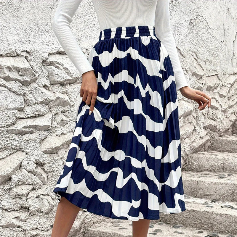 Pleated Printed Elastic Waist Skirt - runwayfashionista.com