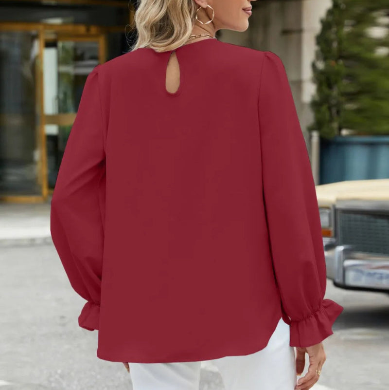 Round Neck Flounce Sleeve Top -runwayfashionista.com