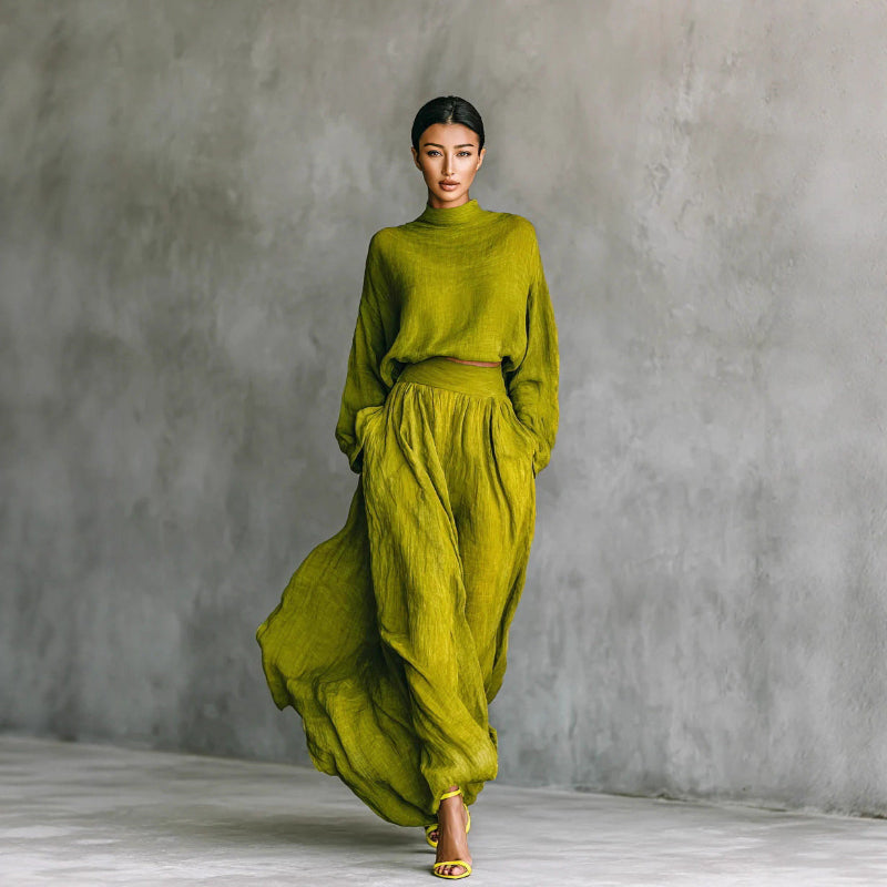 The Ultimate Set: Long Sleeve High Neck Top & Pleated Pocket Dress! green