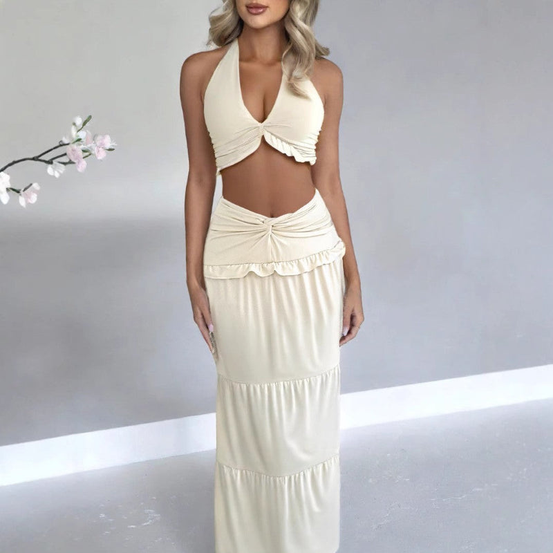 Off-the-Shoulder Low-Waist Hemline Fitted Long Skirt Two-Piece Skirt Set