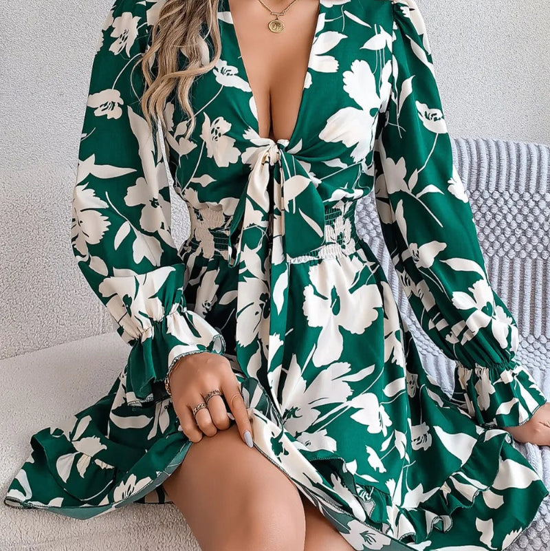 Tied Ruffled Printed Long Sleeve Dress - runwayfashionista.com