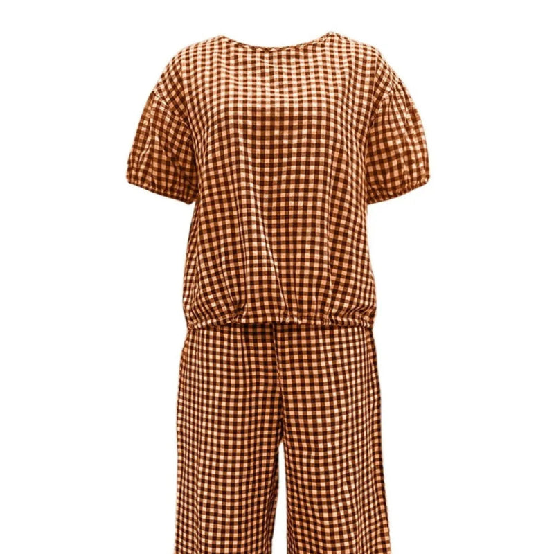 Plaid Round Neck Half Sleeve Top and Pants Set -  runwayfashionista.com