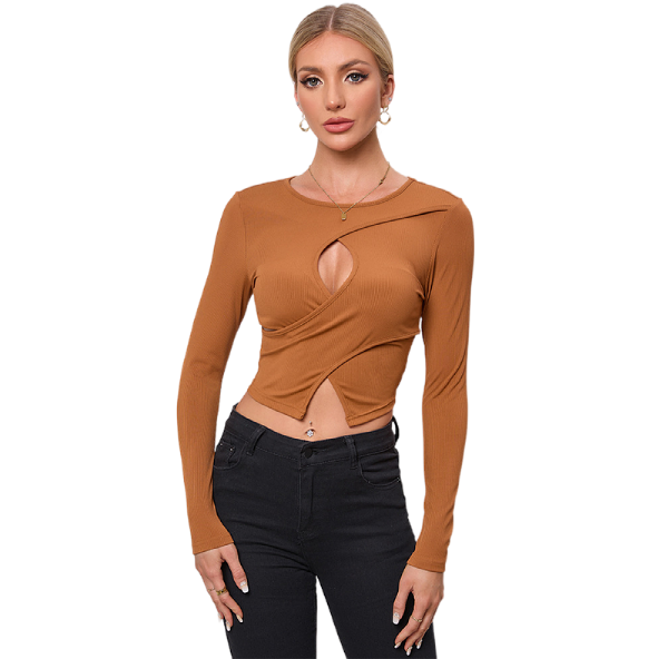 Round neck long sleeved hollow top - runwayfashionista.com