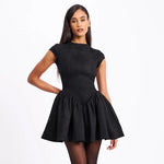 Round neck short sleeved A-line fluffy skirt Mini Dress