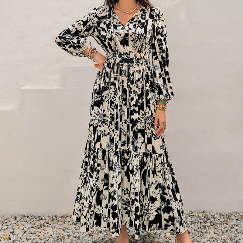 Smocked Printed Tie Neck Long Sleeve Dress -runwayfashionista.com