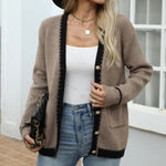 Contrast Trim Button Up Long Sleeve Cardigan - runwayfashionista.com