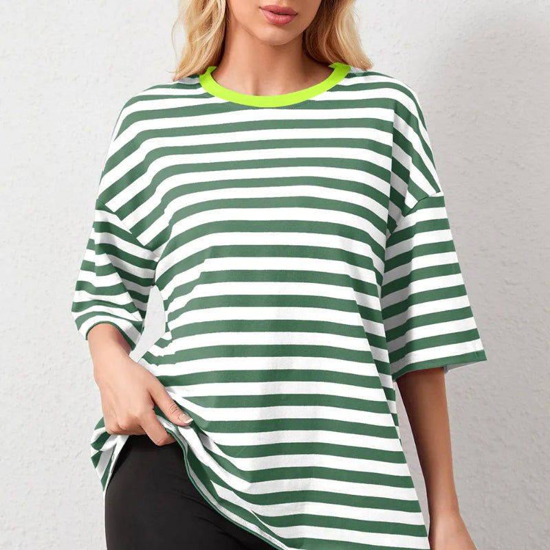 Casual Striped Quarter Sleeve T - Shirt - runwayfashionista.com