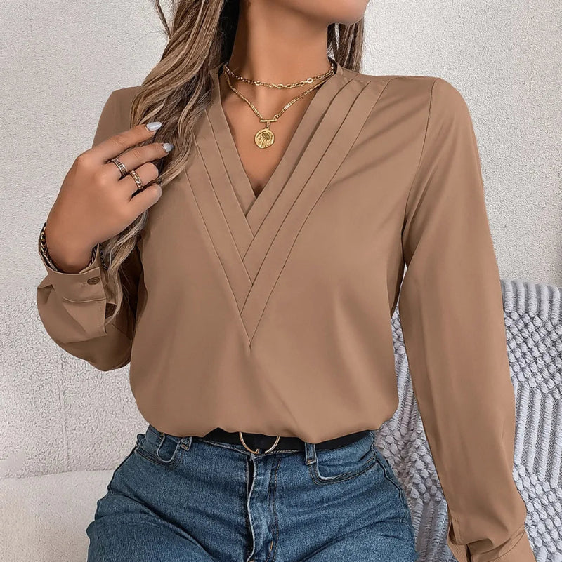 V-Neck Long Sleeve Blouse - runwayfashionista.com