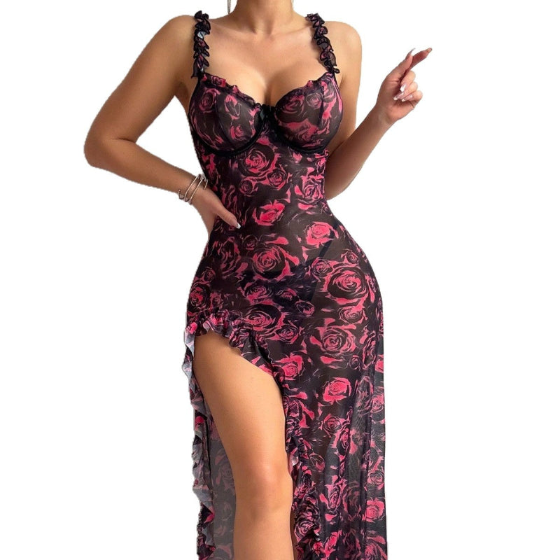 A strapless floral print dress with a slit, available in white, black, and pink.