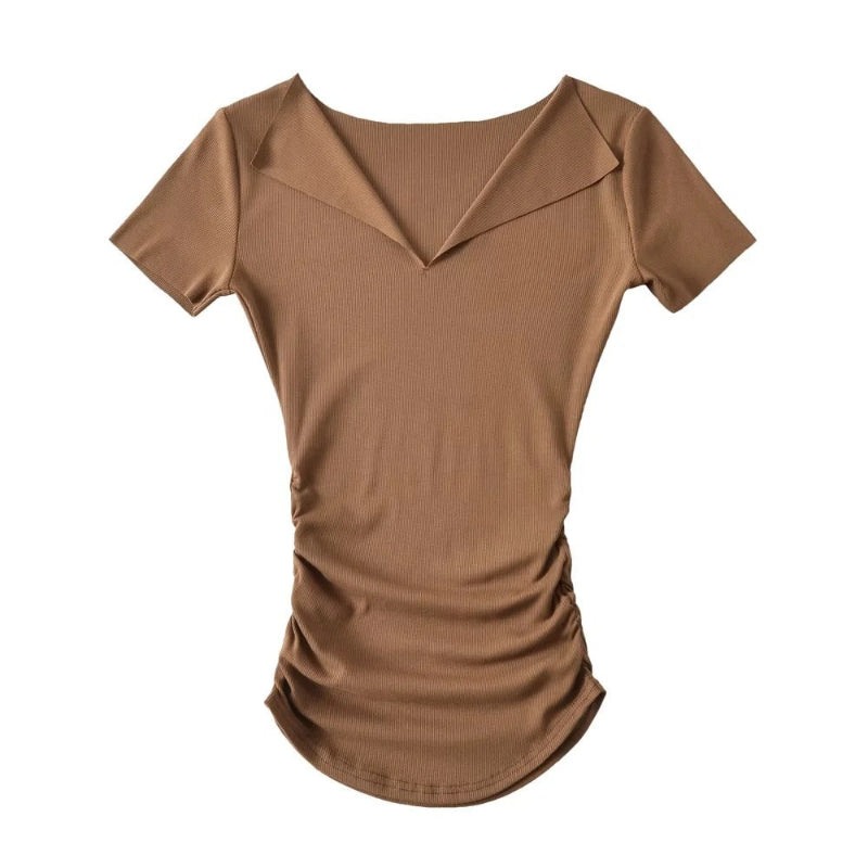 Half open solid color threaded short sleeved shirt