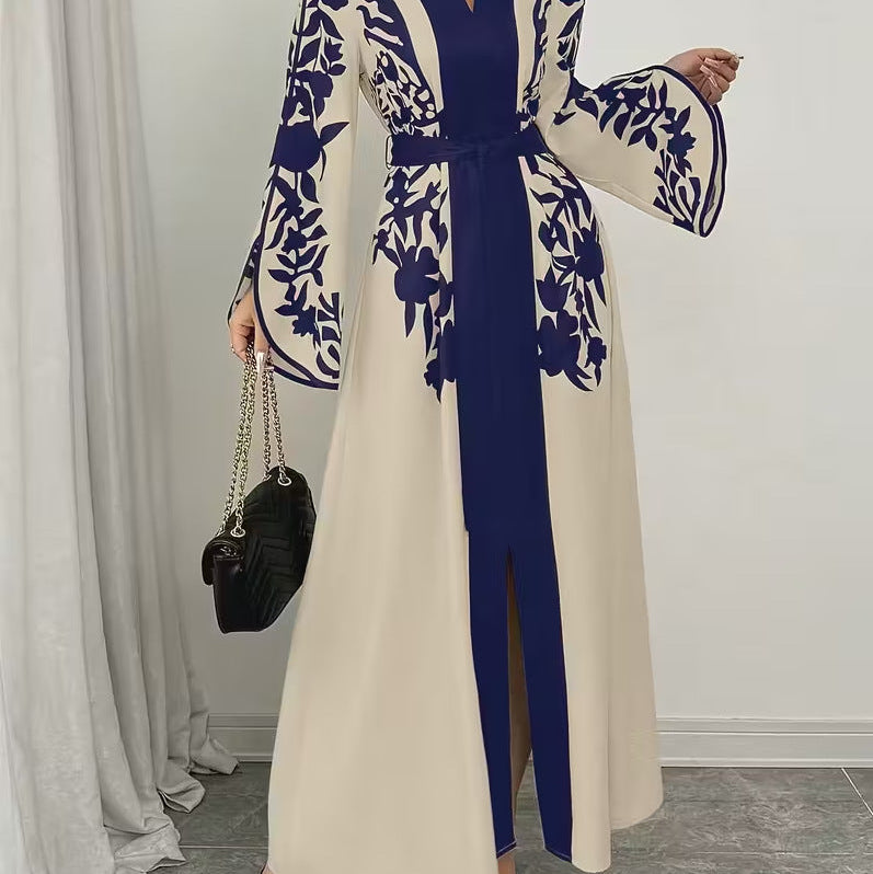 V-neck Long Sleeve Printed Flared Midi Dress - blue