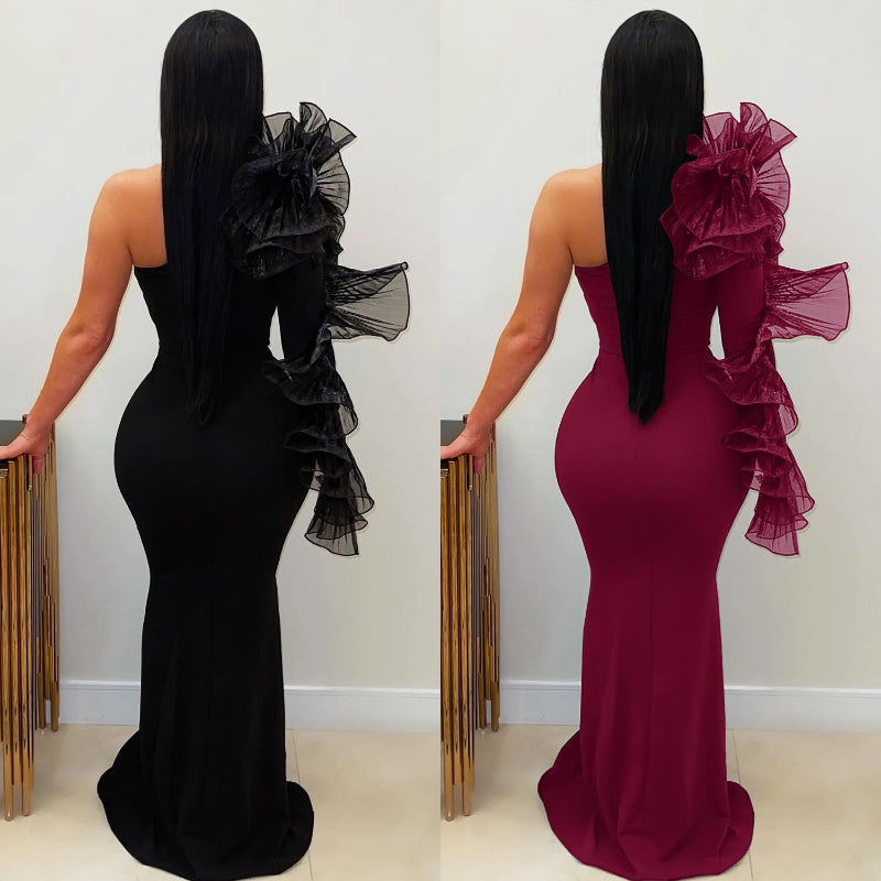 Elegant Single Ruffle Sleeve Fitted Maxi Dress