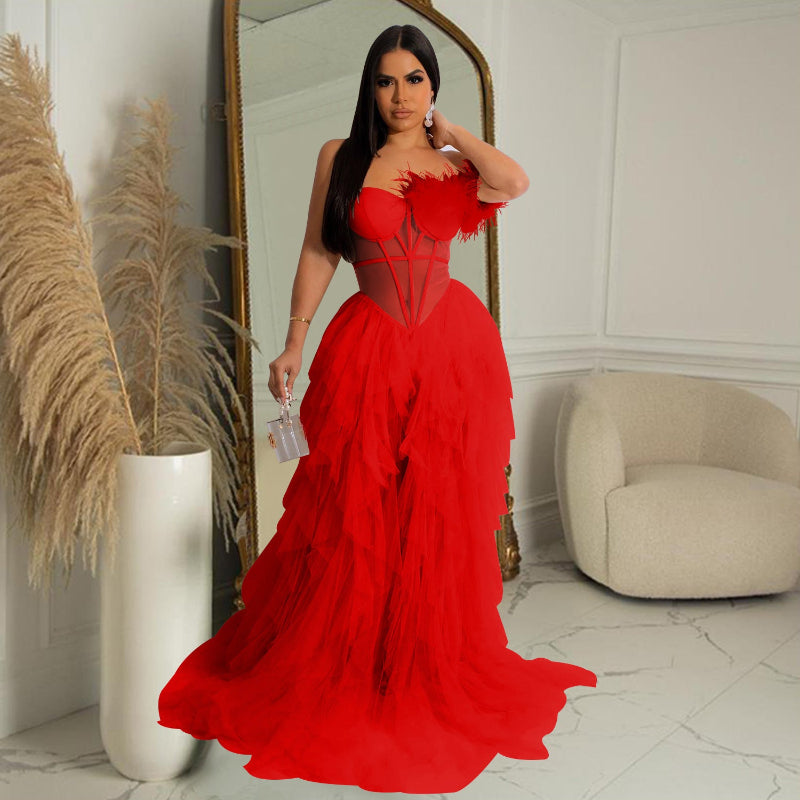 Sleeveless Bustier Mesh Long Gown