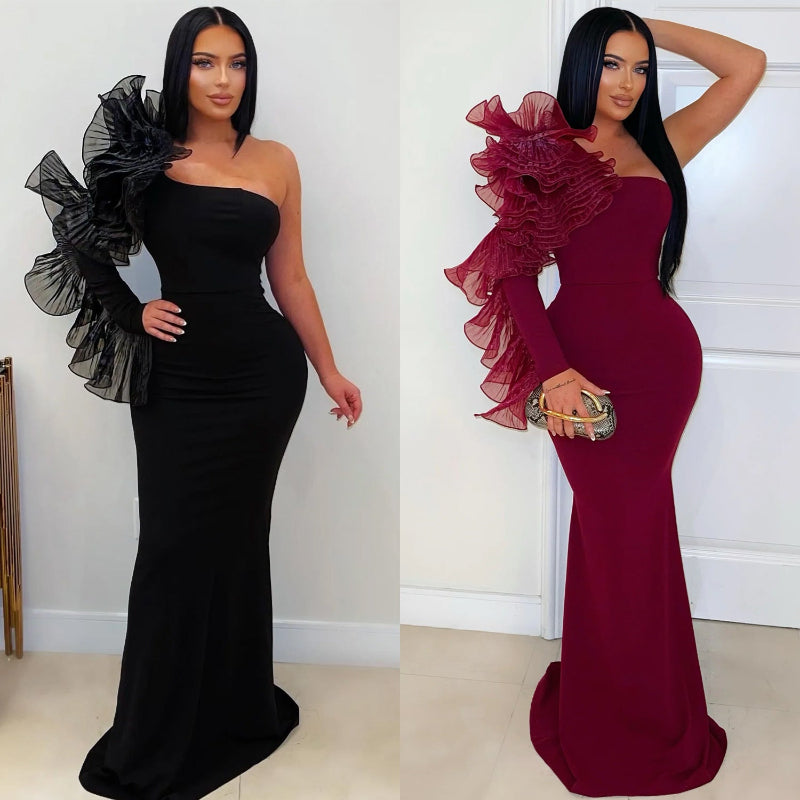 Elegant Single Ruffle Sleeve Fitted Maxi Dress