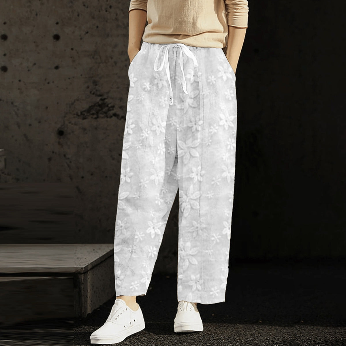 Hemp Embroidery Lace Up Casual Pants - runwayfashionista.com