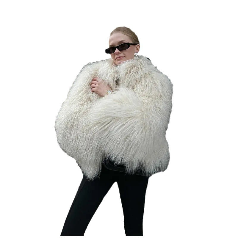 Synthetic Fur Round Neck Long Sleeved Jacket