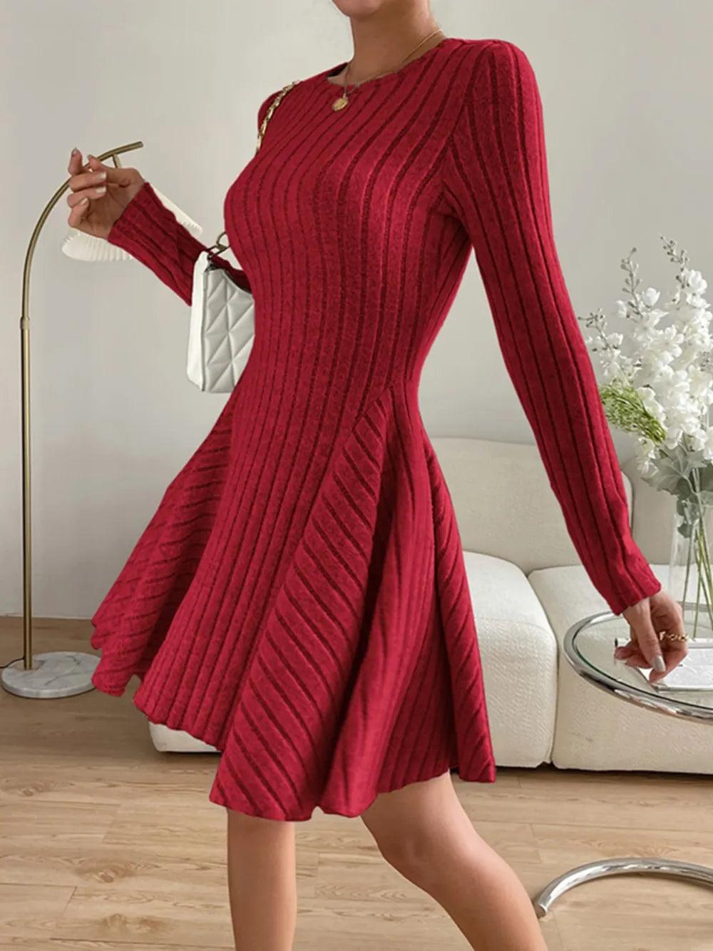 Ribbed round neck long sleeve dress