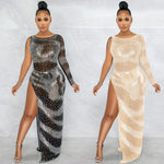 Rhinestone Single Long Sleeve Irregular Slit Maxi Dress