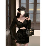 Pleated Drawstring Halter Mini Dress