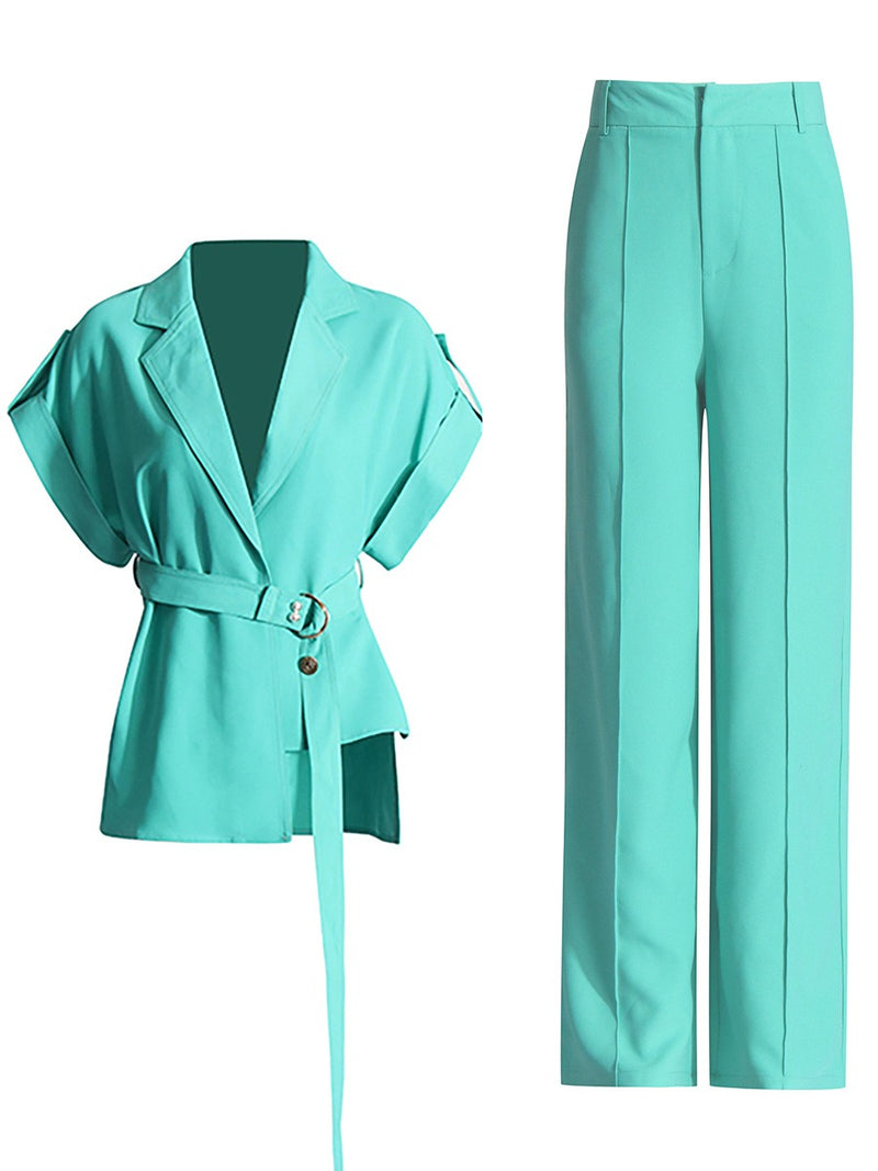 V-neck tie up top+ wide leg pants two-piece set