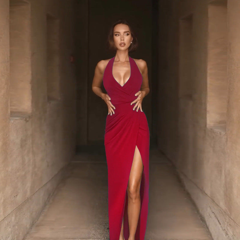 Seductive V-Neck High Slit Maxi Dress - Red