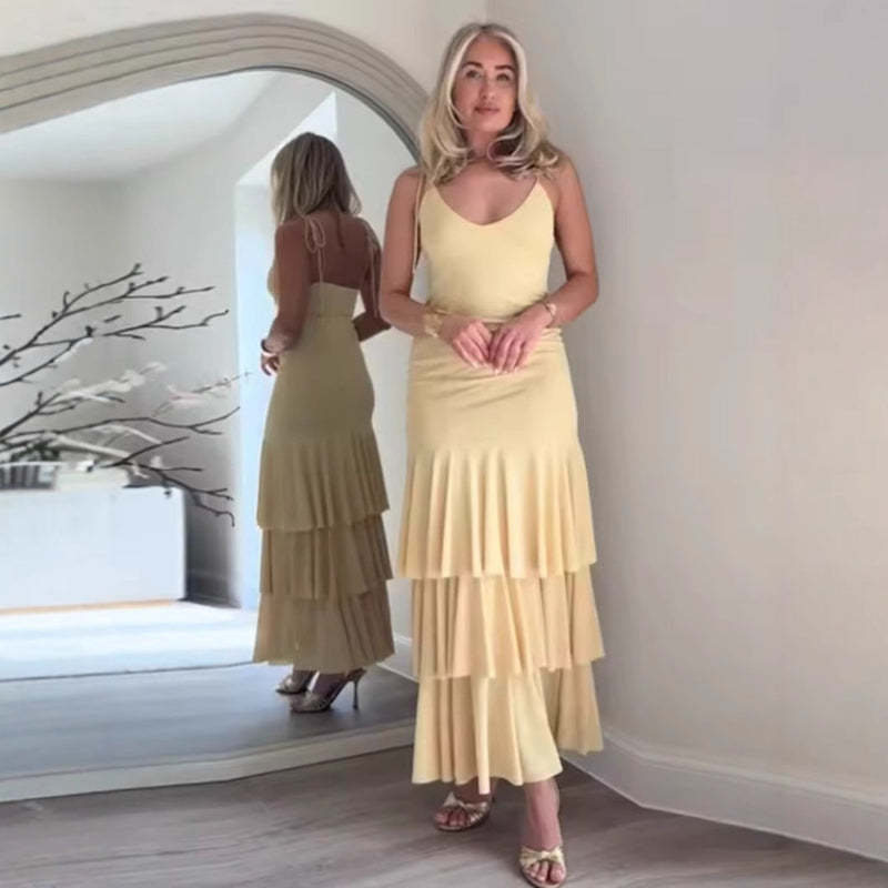 Layered Decorative V-neck Midi Dress