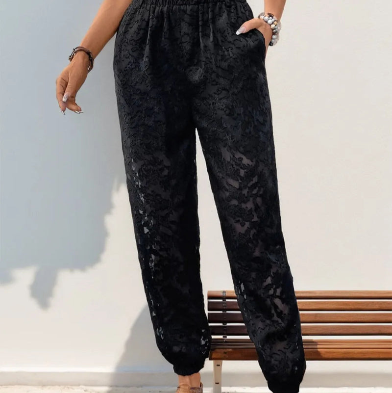 Pocketed Lace Elastic Waist Pants - runwayfashionista.com