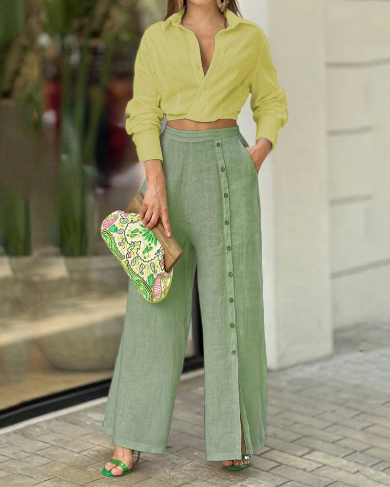 Casual Shirt Loose Pants Two Piece Set - runwayfashionista.com