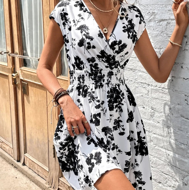 Printed Surplice Cap Sleeve Dress - runwayfashionista.com