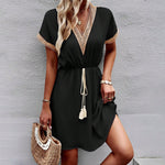Turn heads effortlessly with this Casual Lace Splicing Short Dress—where comfort meets bold style in every stitch.
