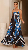 A collection of large swing suspender midi dresses in various prints and colors, including purple stripes, brown stripes, red floral, and different floral patterns.