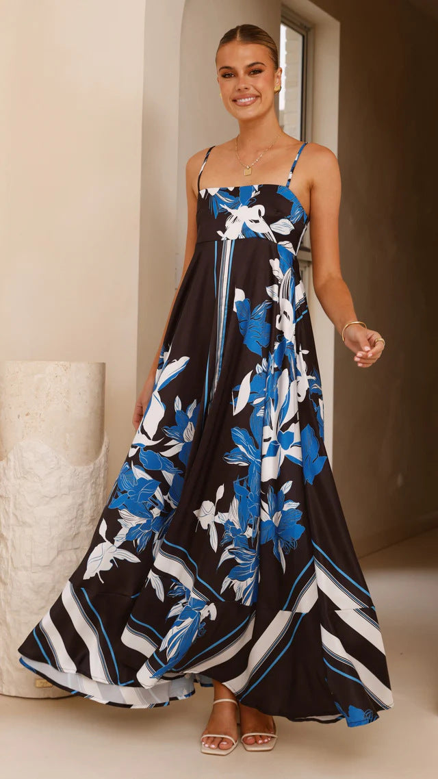 A collection of large swing suspender midi dresses in various prints and colors, including purple stripes, brown stripes, red floral, and different floral patterns.