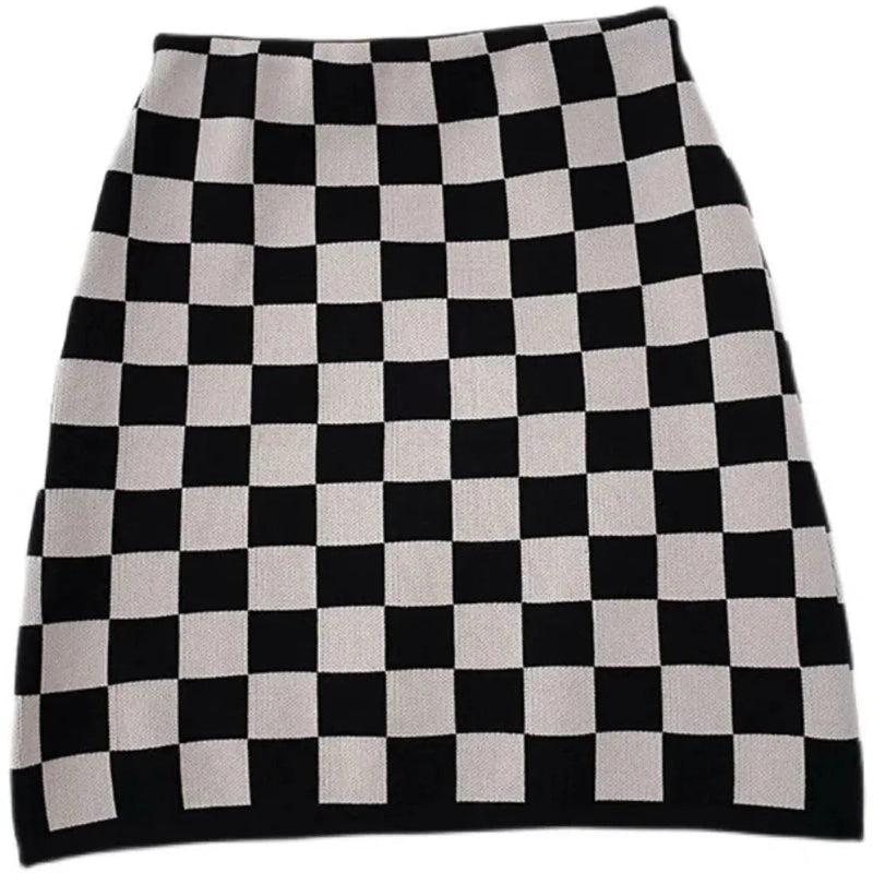 Checkerboard Plaid Knitted Hip Skirt
