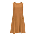 A sleeveless, mid-length A-line tank dress with a round neck.