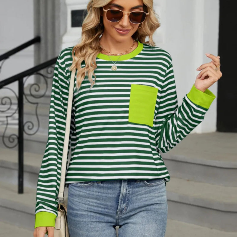 Pocketed Striped Round Neck Long Sleeve T-Shirt - runwayfashionista.com
