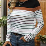 Striped Round Neck Long Sleeve T-Shirt - runwayfashionista.com