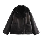 Long sleeved pocket three color leather jacket