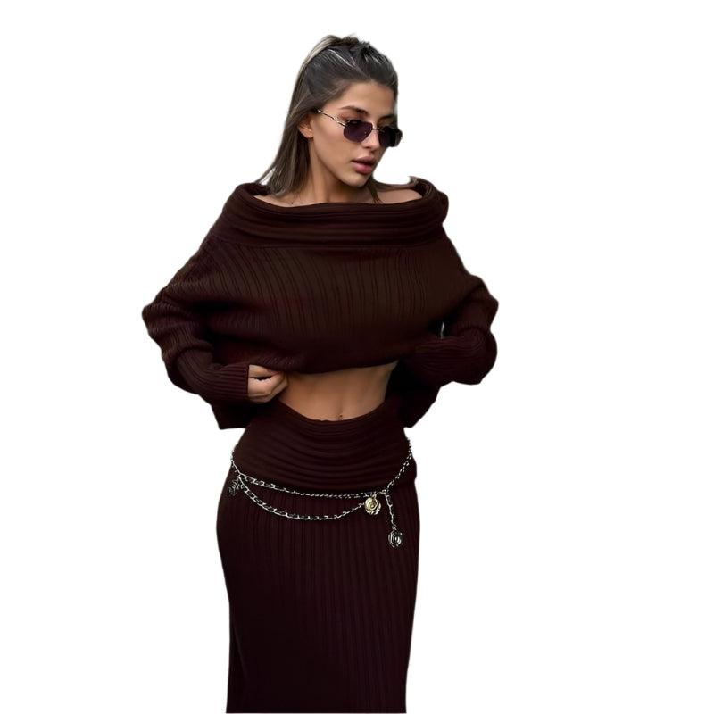 Elegant Off Shoulder Sweater Skirt Suit