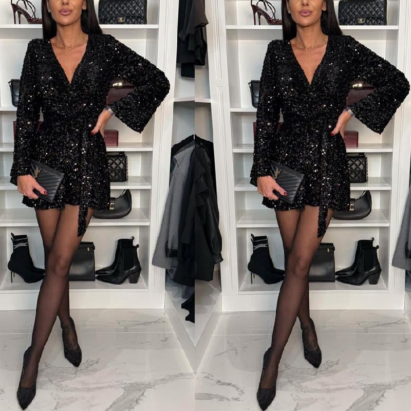 V-Neck Velvet Sequin Nightclub Jumpsuit