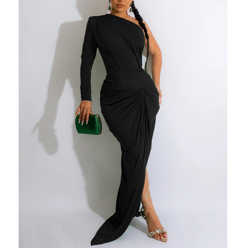 Asymmetrical Neck Single Long Sleeve Maxi Dress with Pleats - black