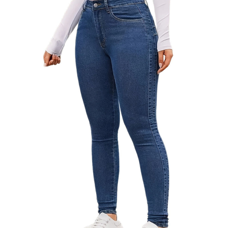 A pair of blue, high-waisted, skinny-fit denim jeans for women. The jeans are made from a stretchy fabric and have a tapered leg that ends at the ankle. They are suitable for a casual style.