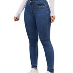 A pair of blue, high-waisted, skinny-fit denim jeans for women. The jeans are made from a stretchy fabric and have a tapered leg that ends at the ankle. They are suitable for a casual style.
